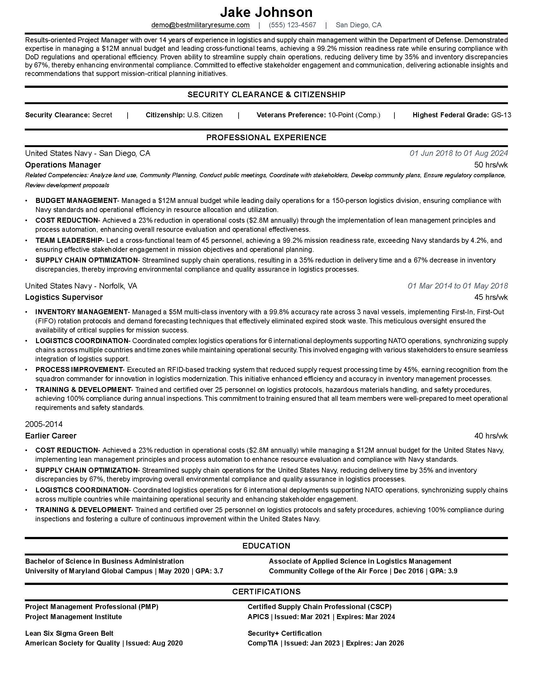 Military Veteran federal resume example showing skills translation for government positions