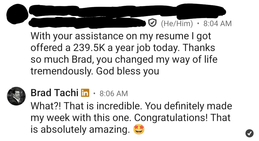 LinkedIn message. A veteran tells Brad he got offered a $239.5K a year job after help on his resume. Name and photo are blurred.
