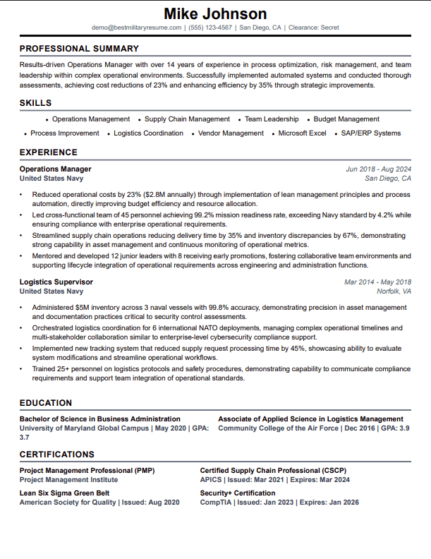 Military to civilian resume example - Navy veteran Operations Manager resume created with Best Military Resume AI builder