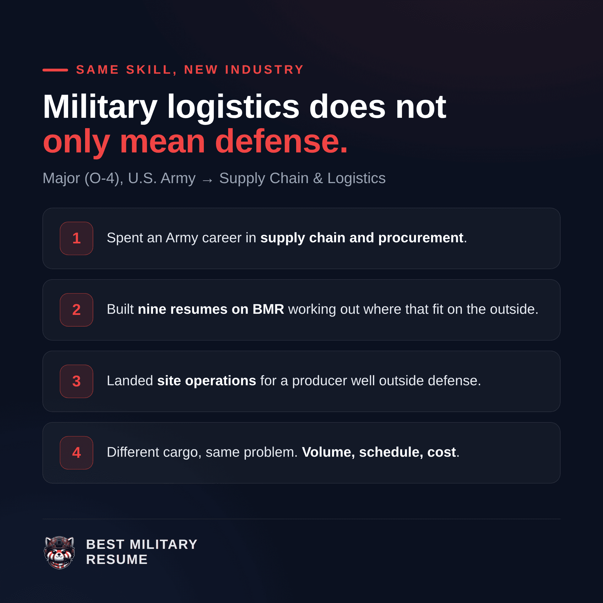 Success story graphic: Major (O-4) Army, supply chain and logistics