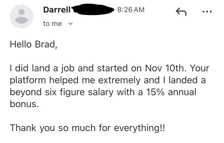 Success story screenshot from Darrell