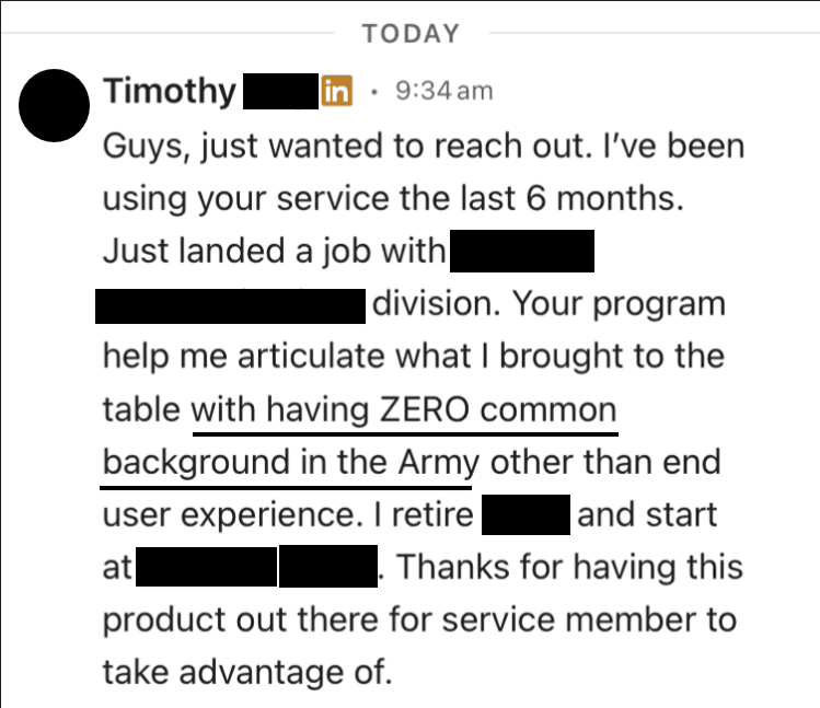 Best Military Resume Success Story - Army E-8 veteran hired in Human Resources