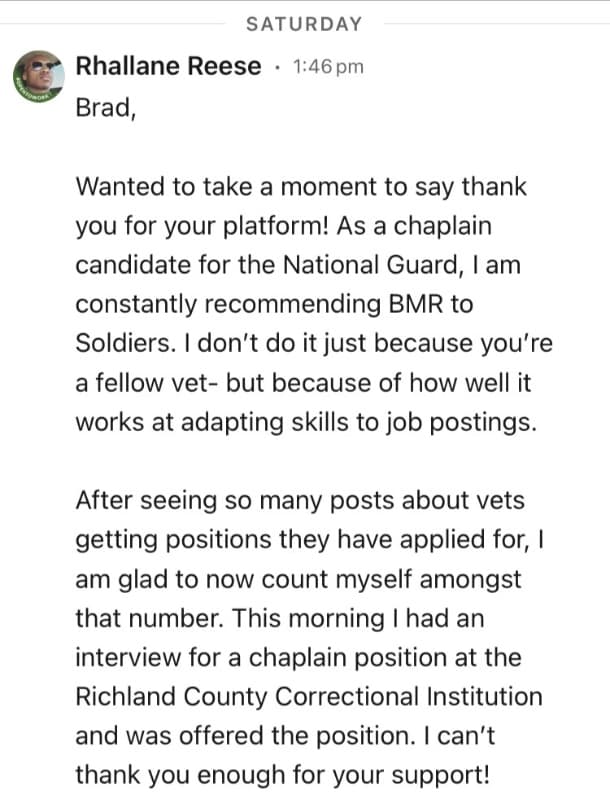 Best Military Resume Success Story - Army O-1 veteran hired in Chaplain