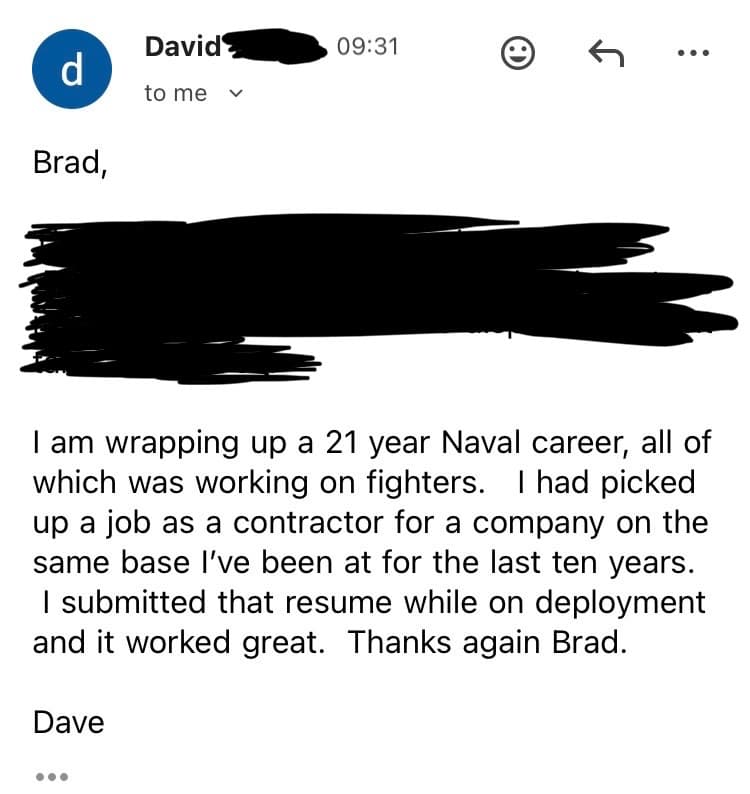 Best Military Resume Success Story - Navy E-7 veteran hired in Aviation