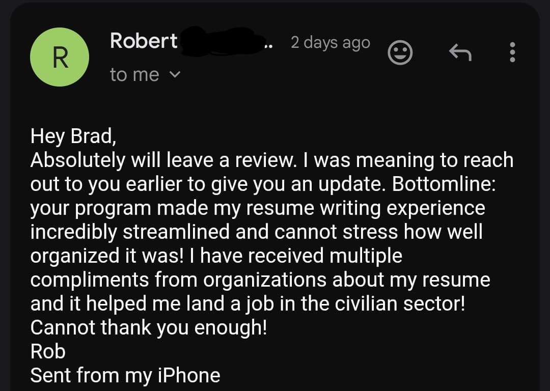 Success story from Rob, Lt Colonel Air Force