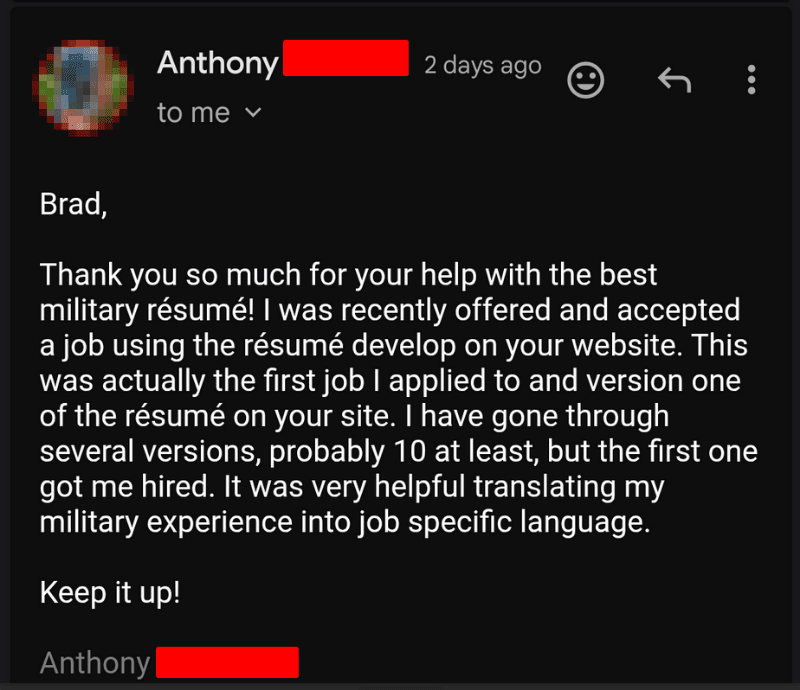 Best Military Resume Success Story - Army Major (O-4) veteran hired in Private-Sector Leadership
