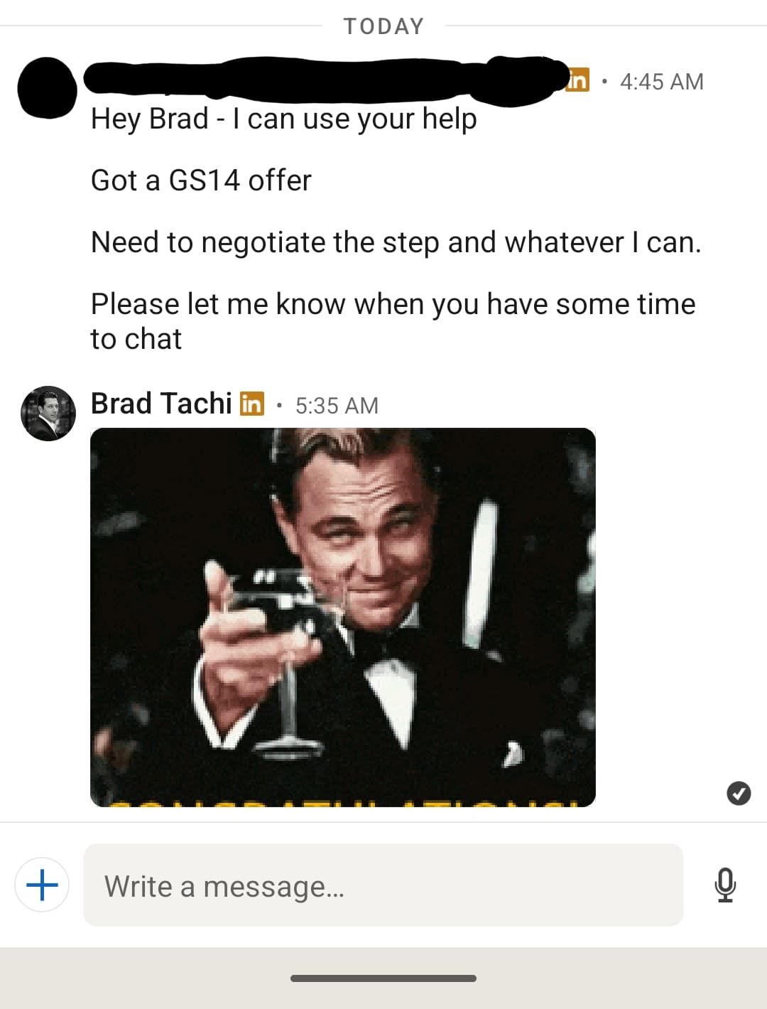 Anonymized LinkedIn DM from an Army Sergeant: Got a GS-14 offer. Need to negotiate the step and whatever I can.
