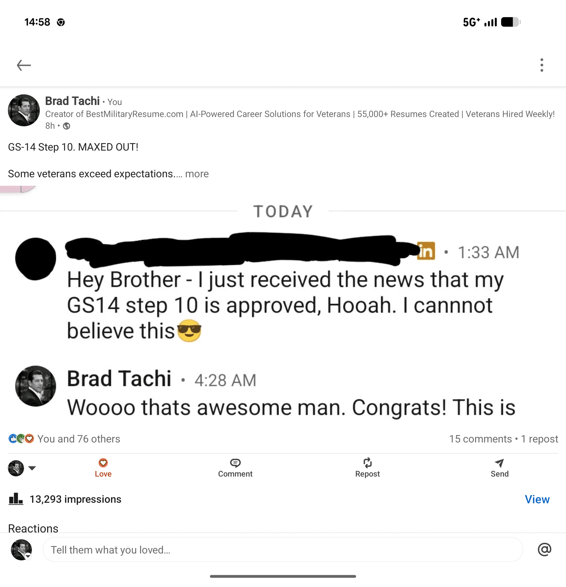 Anonymized LinkedIn DM from an Army Sergeant confirming his GS-14 step 10 negotiation was approved