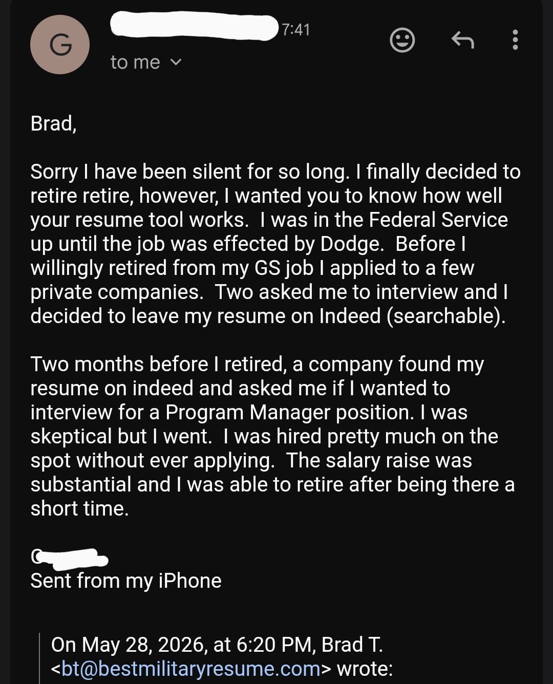 Success story email from Gonzalo, Sergeant Major (E-9), Army, hired as a Program Manager