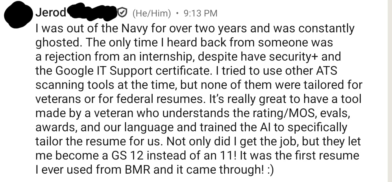 Success story message from Jerod, Petty Officer Second Class (E-5), Navy