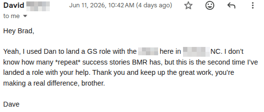 Success story email from David, Chief Master Sergeant Air Force