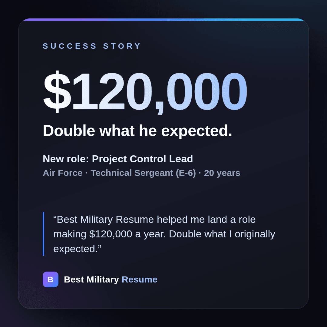 James, Technical Sergeant (E-6), Air Force - landed a $120,000 Project Control Lead role