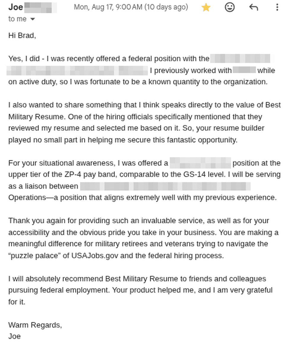 Success story from Joe, Lieutenant (O-3) Navy