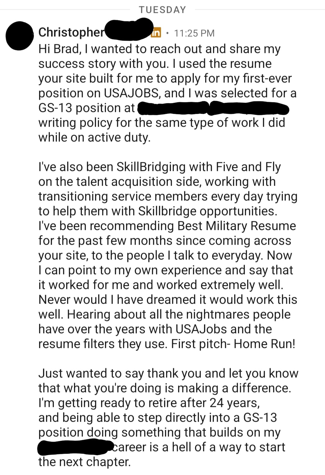 Success story from Christopher, Chief Petty Officer (E-7) Coast Guard