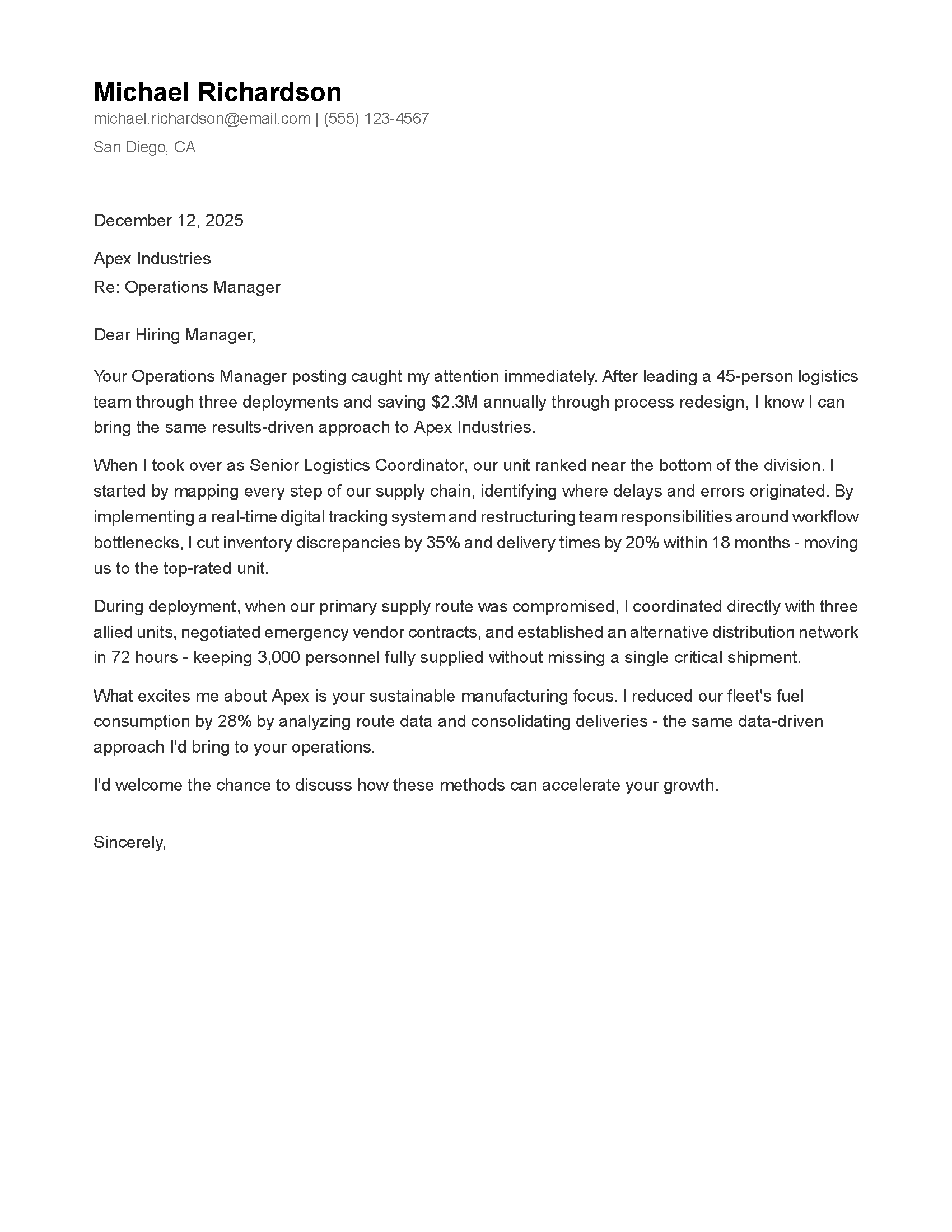 Minimalist cover letter template for veterans - simple elegant design that highlights achievements