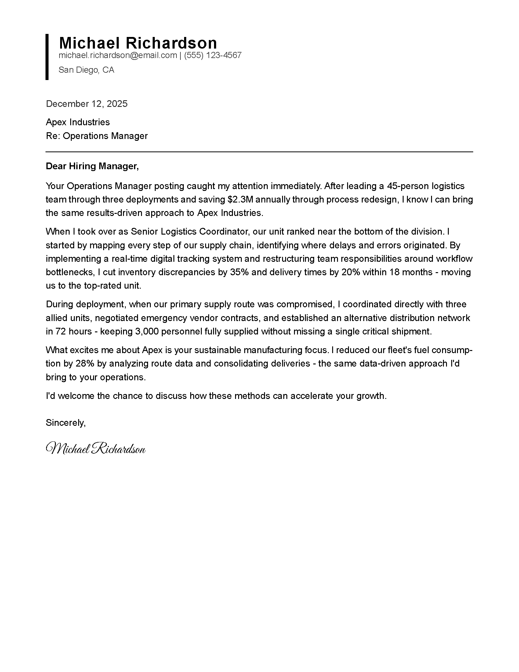 Modern cover letter template for military transition - contemporary layout for tech and startup jobs