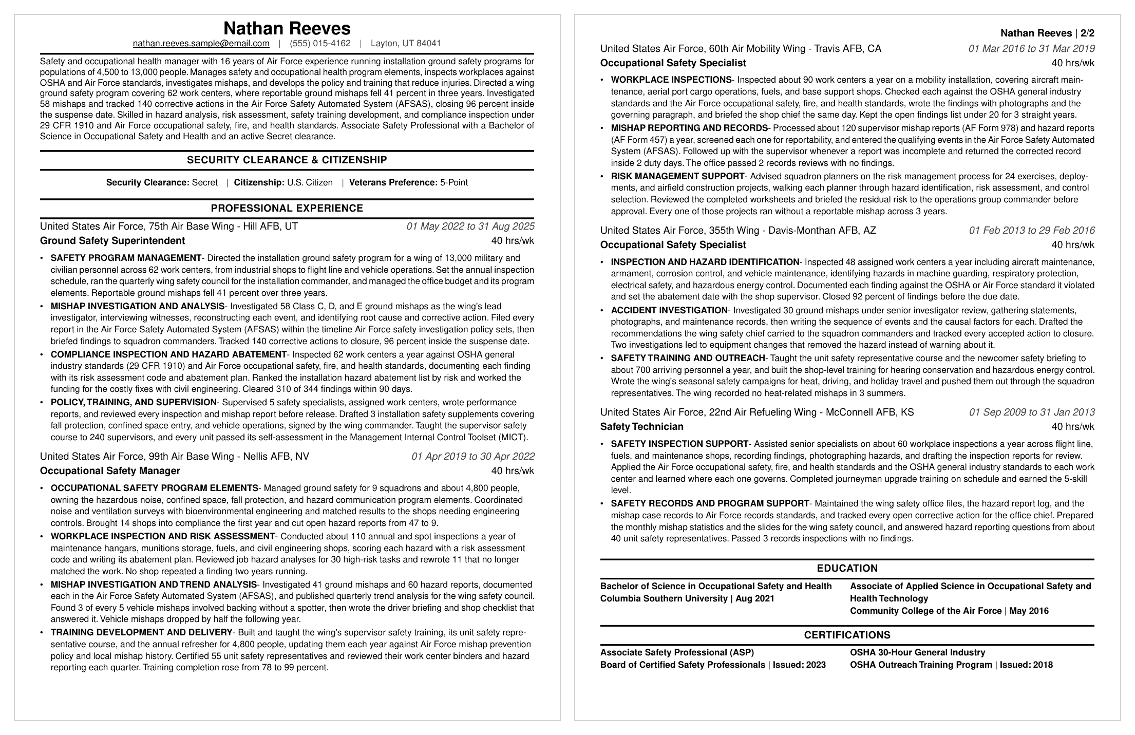 GS-0018 Safety and Occupational Health resume example (GS-11, 2 pages)