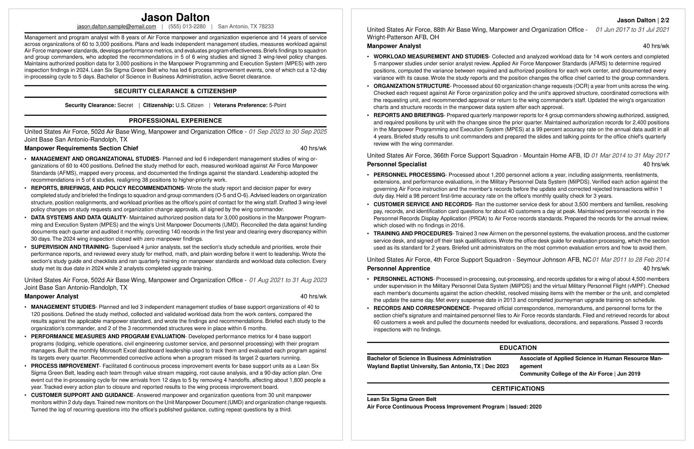 GS-0343 Management and Program Analyst resume example (GS-9, 2 pages)