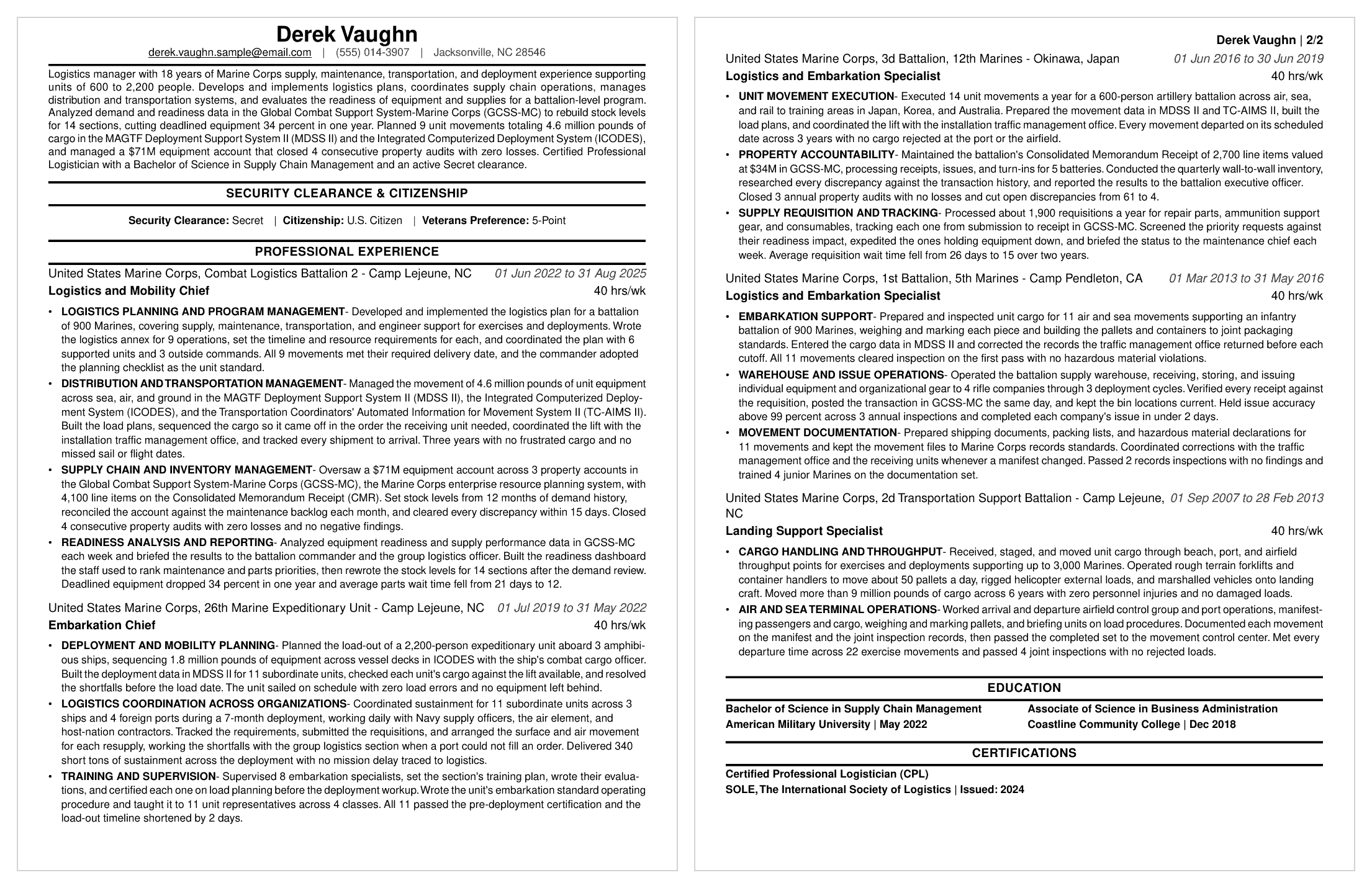 GS-0346 Logistics Management resume example (GS-11, 2 pages)