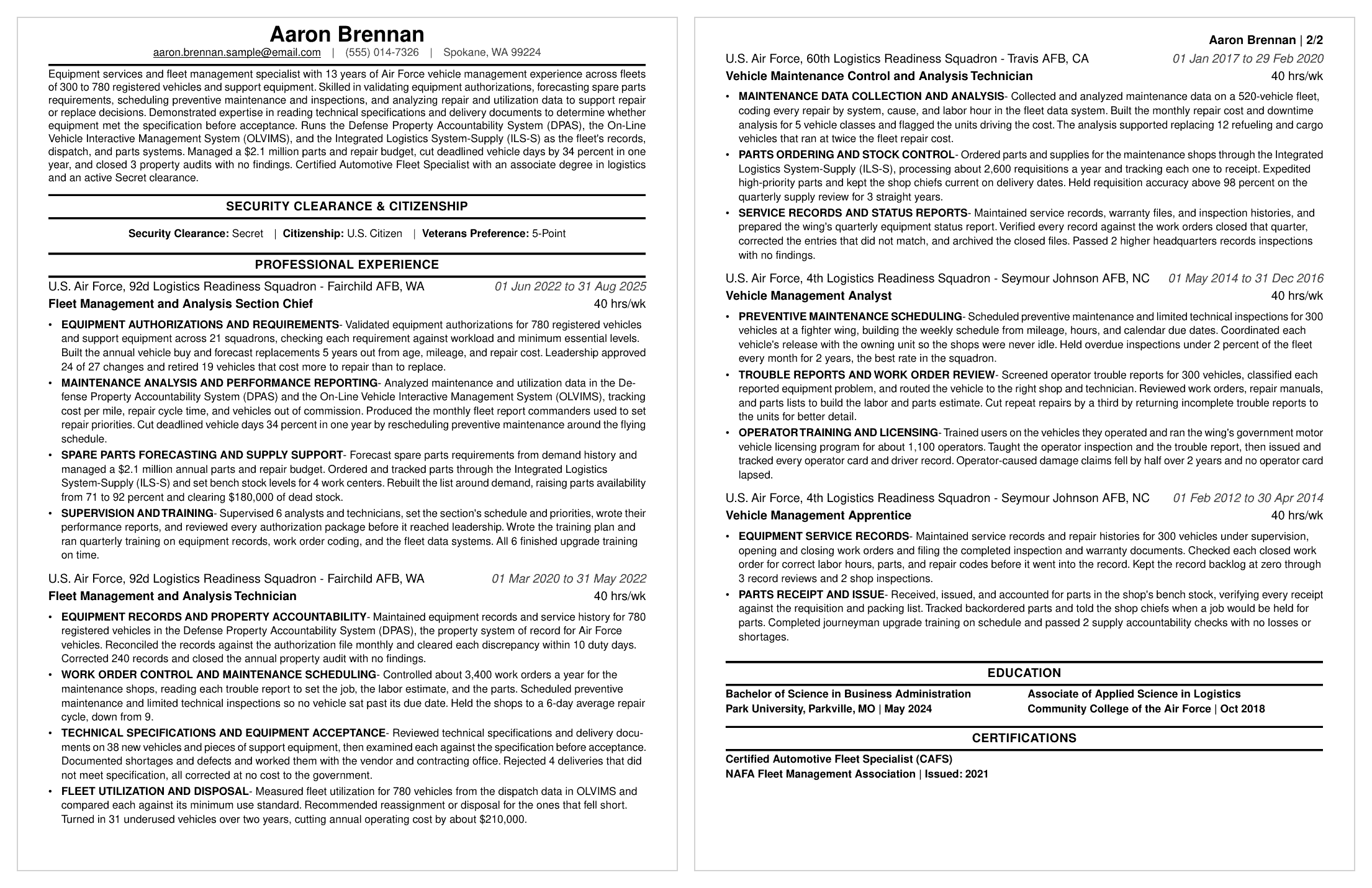 GS-1670 Equipment Services resume example (GS-9, 2 pages)