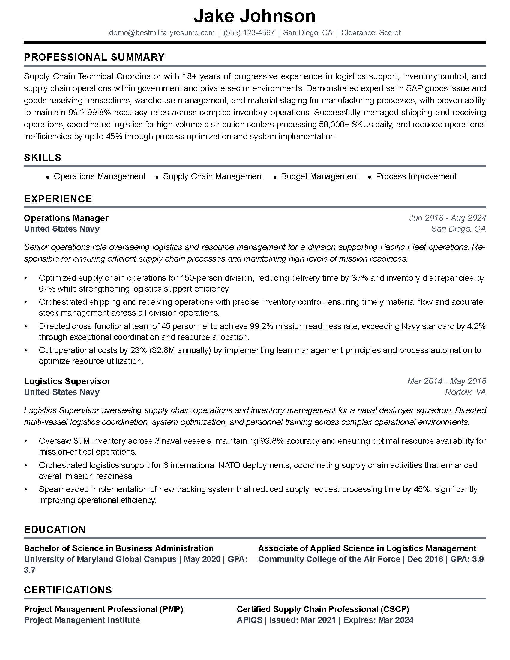 military experience on a resume example