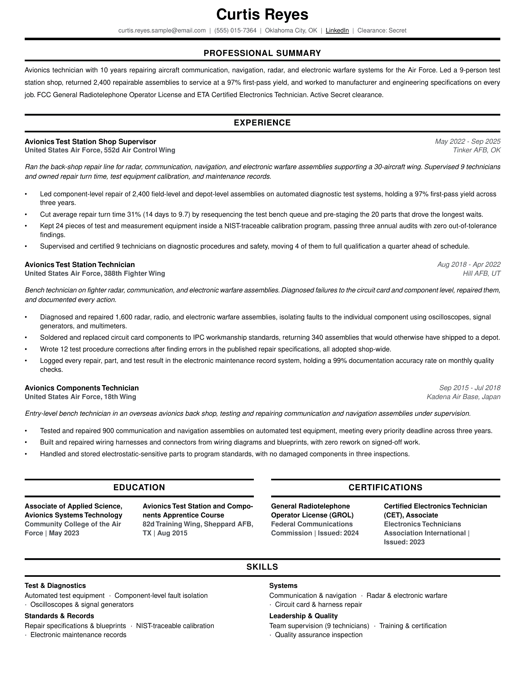Avionics technician resume example (military to civilian)