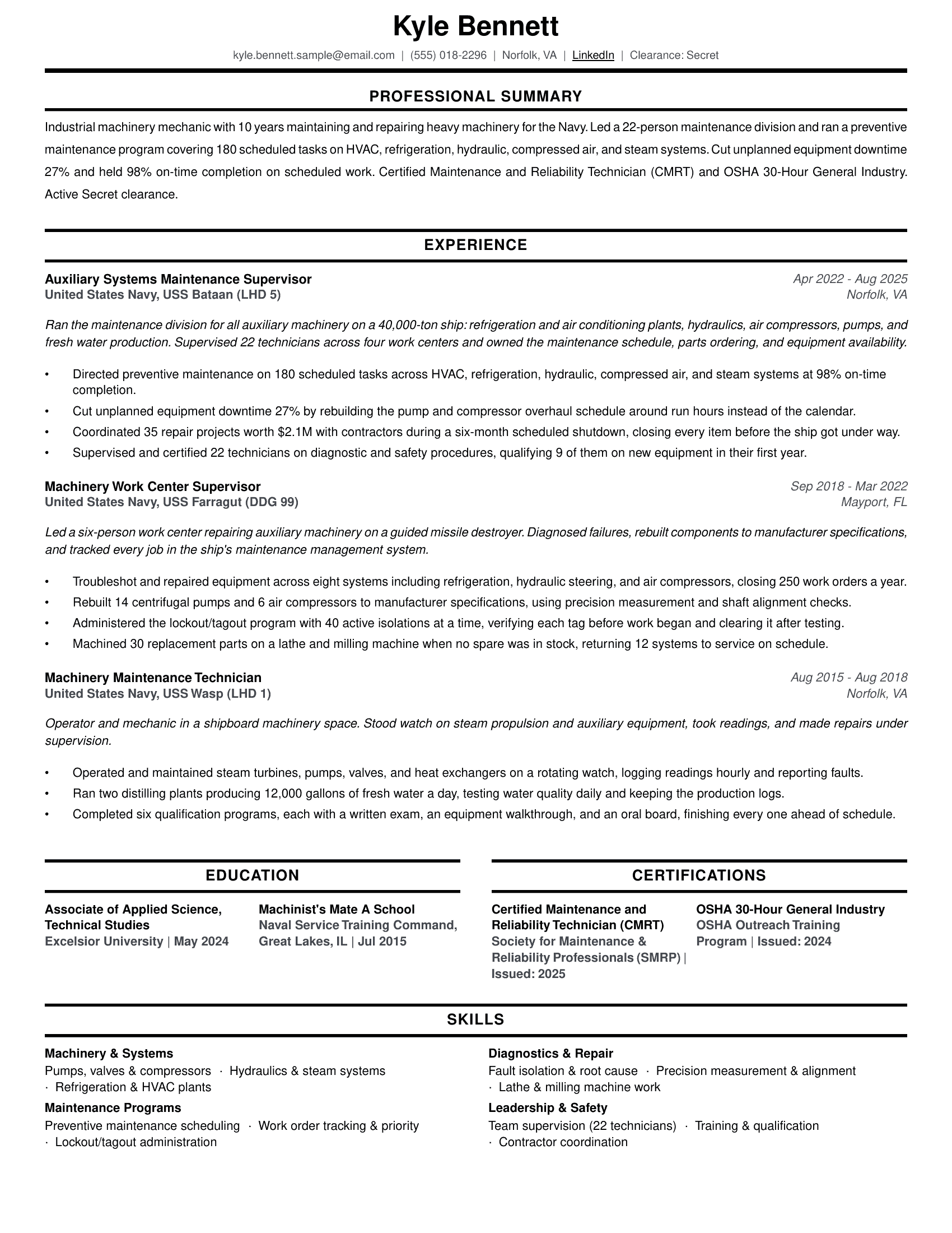 Industrial machinery mechanic resume example (military to civilian)