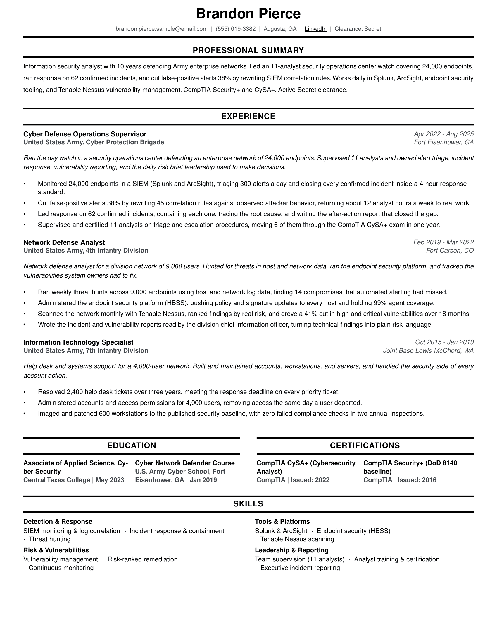 Information security analyst resume example (military to civilian)