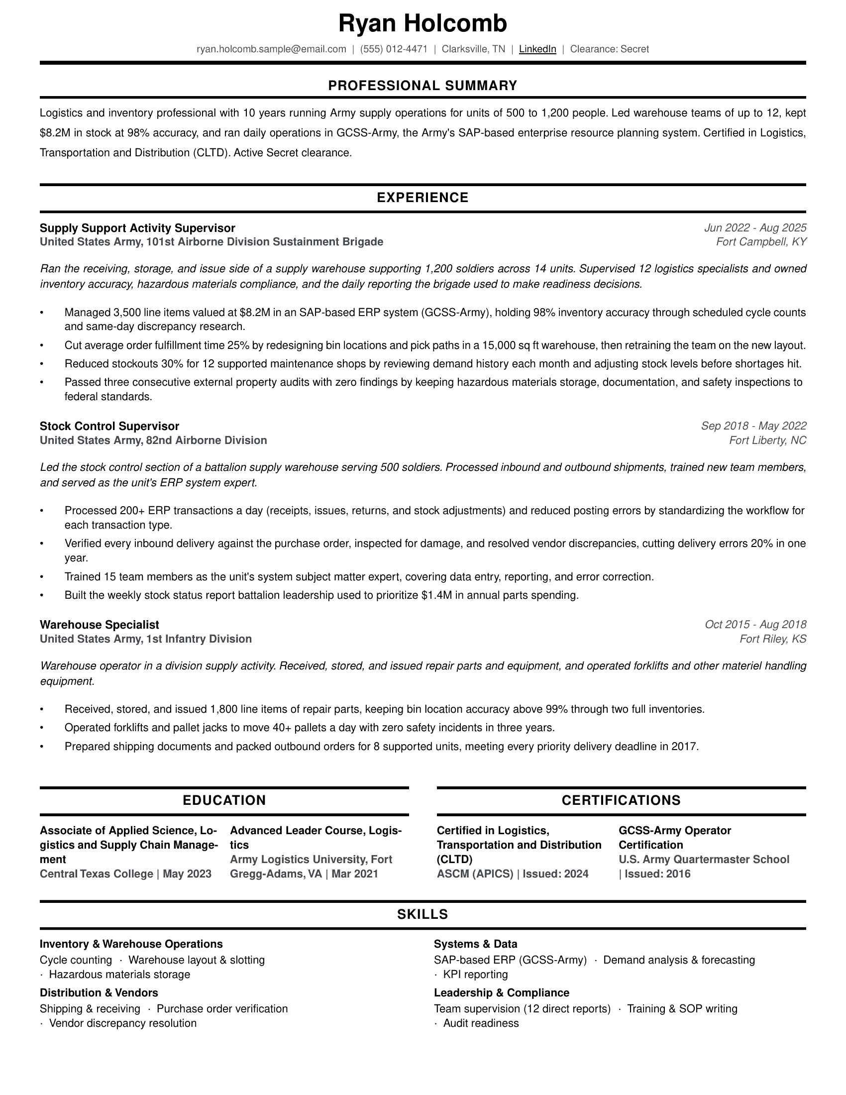 Logistician resume example (military to civilian)